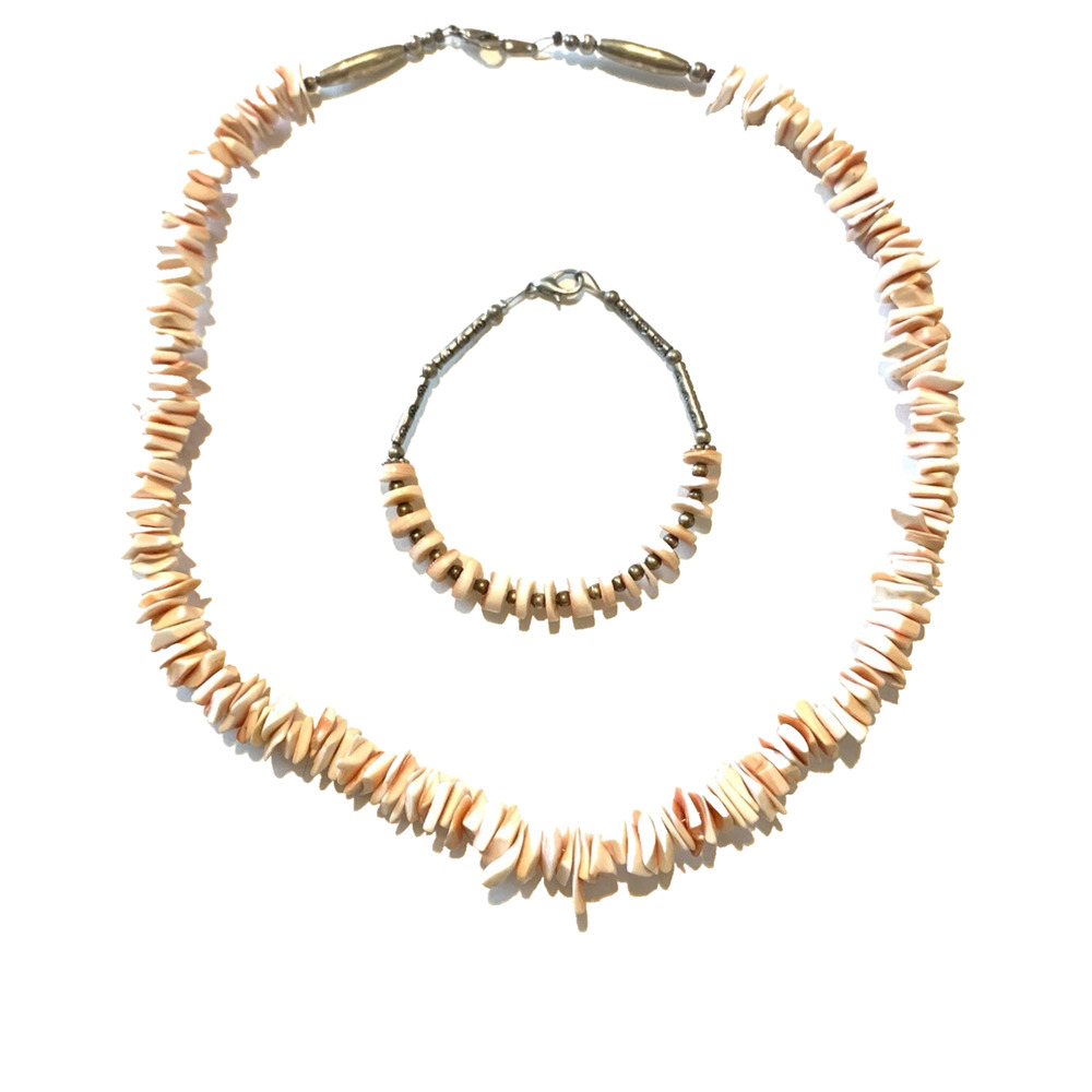 Vtg Shell Puka Necklace Bracelet Set Peachy Pink Surfer Beach Hippie Hawaiian